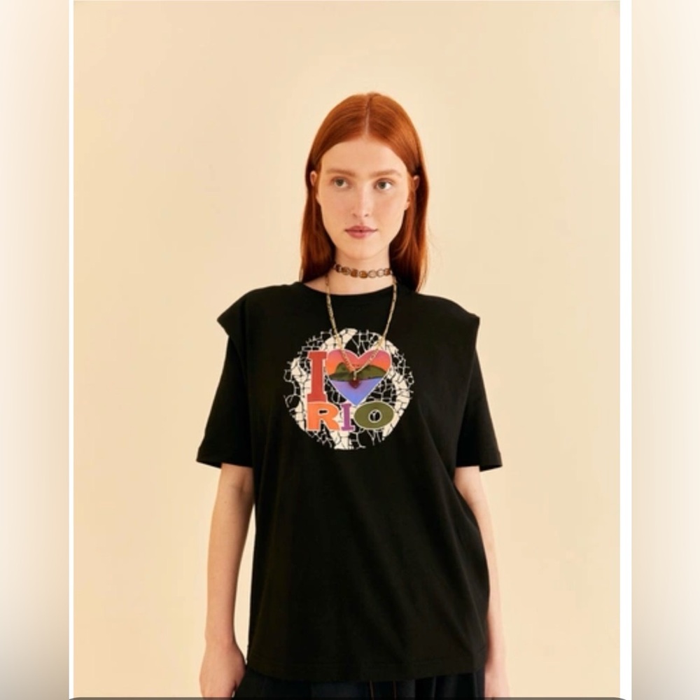 Farm Rio I Love Rio Shoulder Pads Organic Cotton T-shirt In Black small